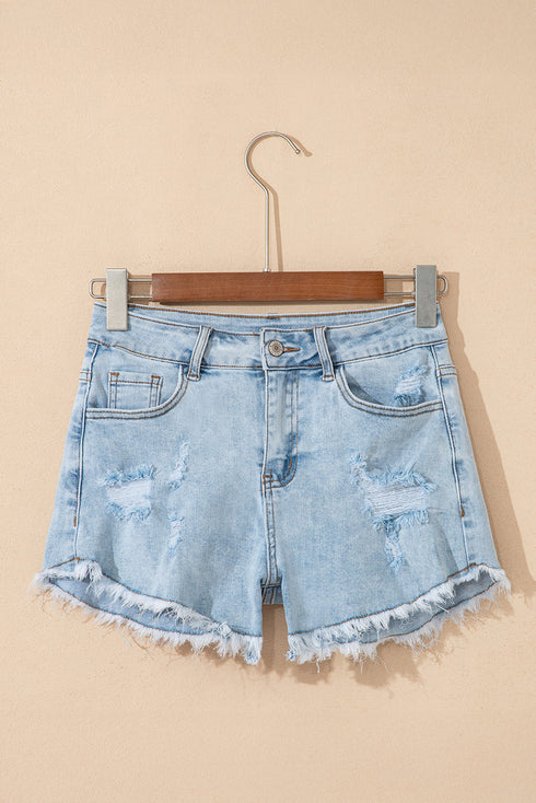 Edgy Vibe High Rise Distressed Raw Hem Denim Shorts