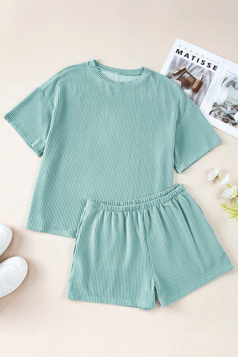 Corded Ribbed Knit Loose Fit Tee And Short Set