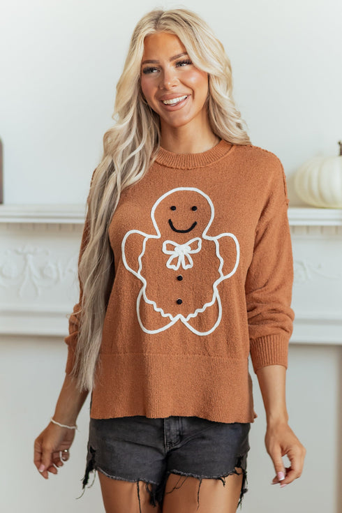 Embroidery Oversized Drop Shoulder Round Neck Sweater