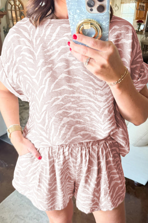 Abstract Print Cuffed Short Sleeve Loose Short Sets