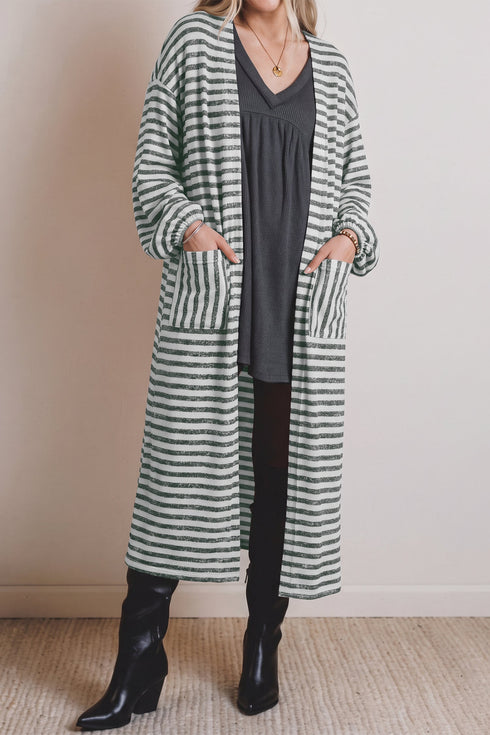 Striped Long Puff Sleeve Open Front Oversized Cardigan