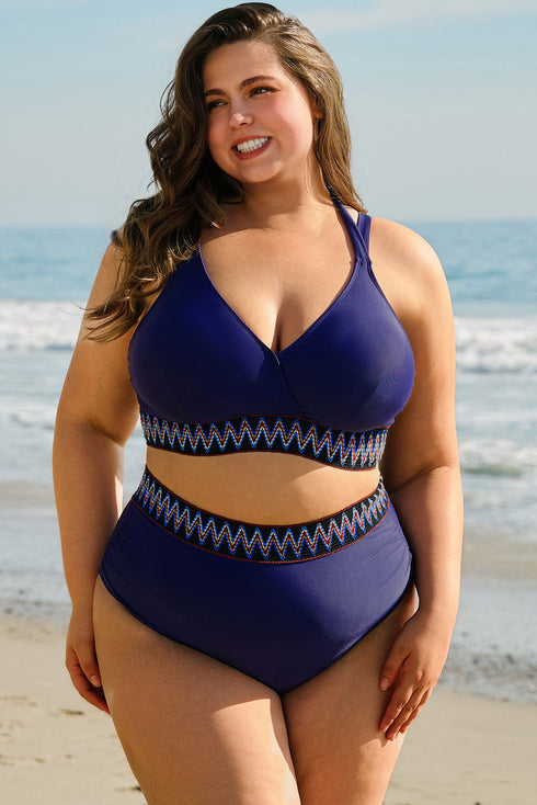 Embroidered Trim Wrap Tie High Waisted Plus Size Swimwear