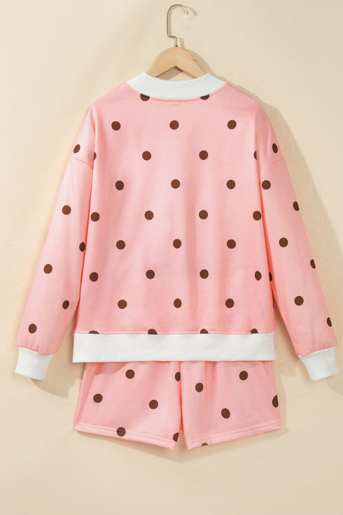 Polka Dot Ribbed Trim Long Sleeve Short Set