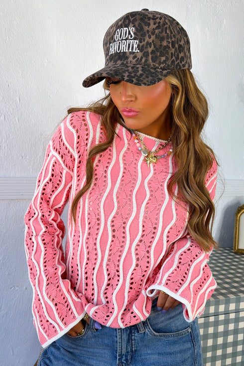 Wavy Hollow Out Knit Long Sleeve Cotton Pullover Sweater