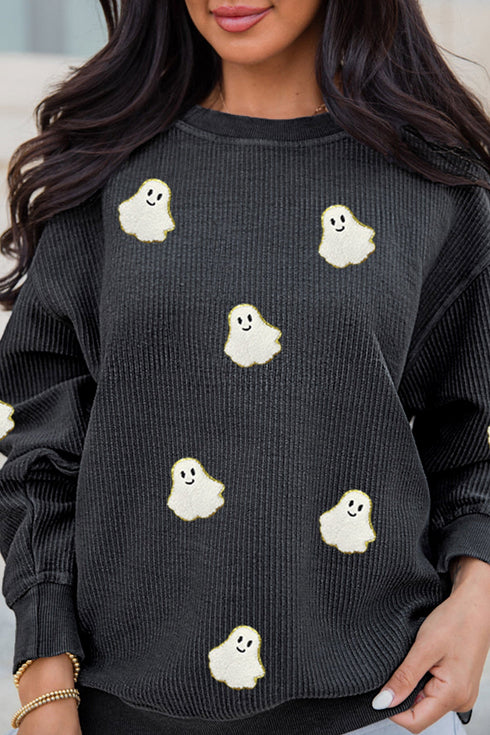 Polyester Oversized Ghost Print Pullover Corded Sweatshirt