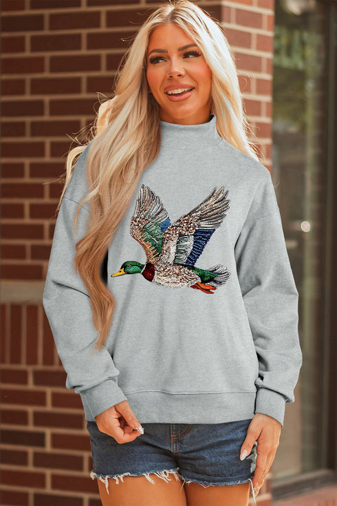 Western Mallard Duck Printed Graphic Baggy Mock Neck Sweatshirt