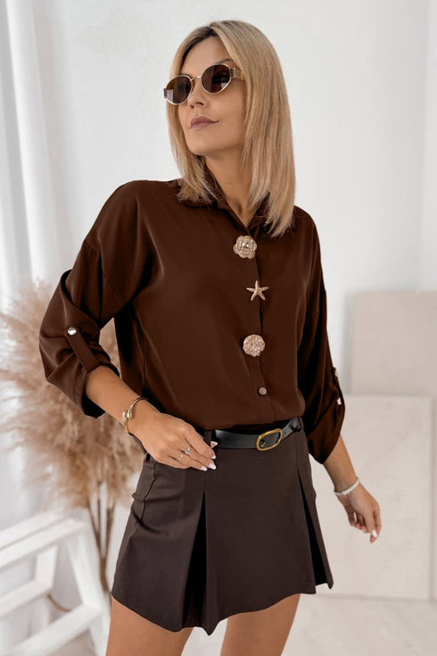 Polyester Button Decoration Tab Long Sleeve Blouse