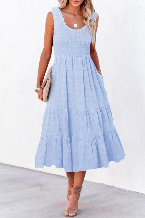 Elegant Shirred Pleated Square Neck Sleeveless Midi Dress