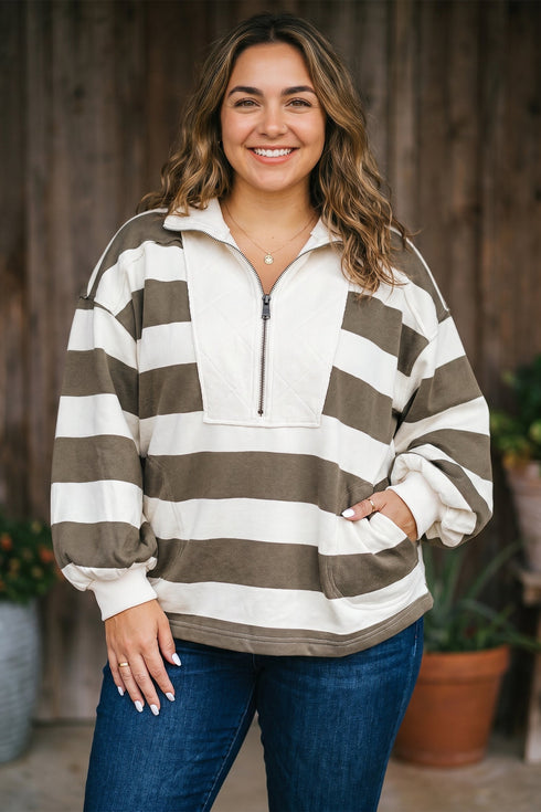 Striped Panel Half Zip Seamed Pullover Sweatshirt