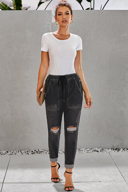 Casual Distressed Pocketed Denim Jogger Jeans