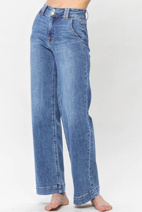 Double Button Zip Fly Wide Straight Leg Jeans
