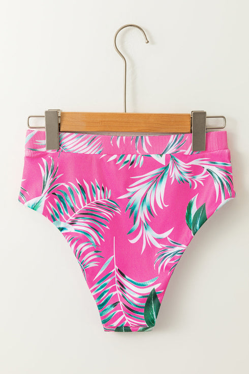 Ribbed Tropical Leaf Print High Waisted Bikini Set
