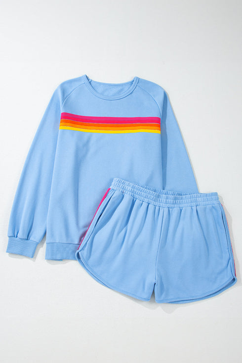 Striped Patchwork Applique Pullover Two Piece Short Set
