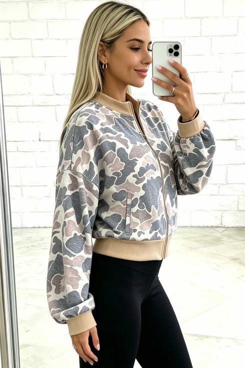 Polyester Camouflage Print Trim Zip Bomber Sweatshirt