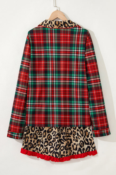 Plaid Leopard Print Patchwork Long Sleeve Shorts Sleepwear
