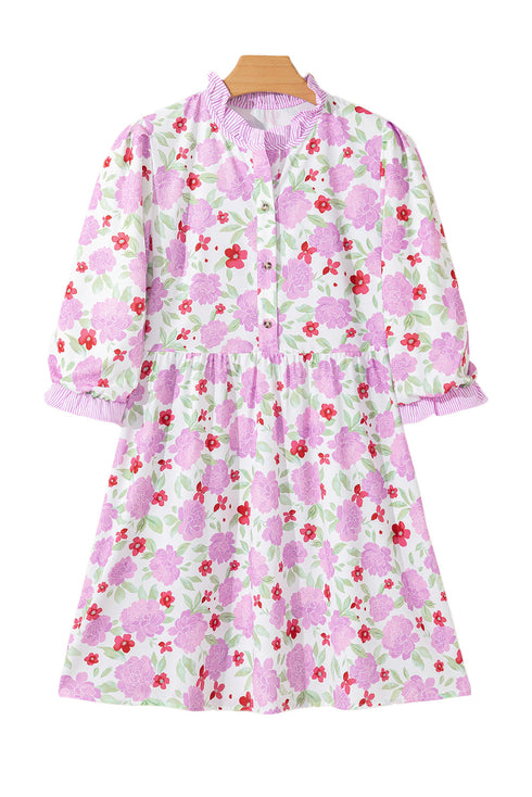 Southern Belle Striped Trim Frilled Neck Mini Floral Dress