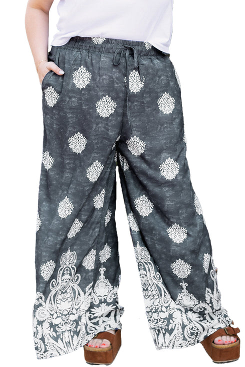 Geometric Paisley Print Bohemian Drawstring Wide Leg Pants