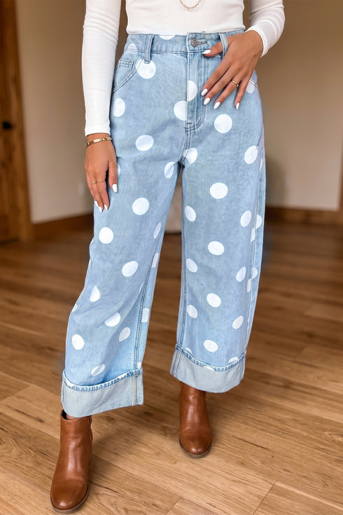 Polka Dot Ankle Length Metal Button Jeans