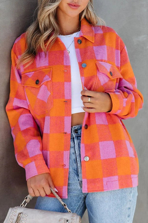 Checkered Plaid Chest Pocket Turn Down Collar Jacket