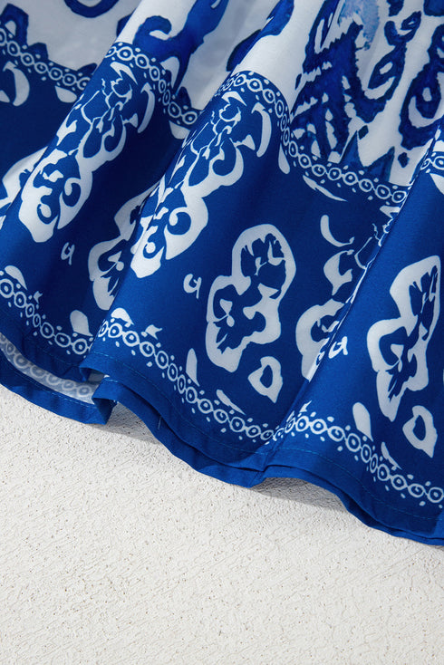 Floral Puff Short Sleeve V Neck High Waist Maxi Dress