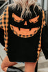 Plaid Patchwork Pumpkin Face Applique Long Sleeve Casual Top