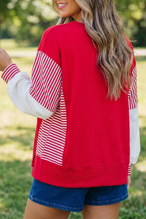 Striped Paneled Sleeve Varsity Graphic Pullover Sweatshirt