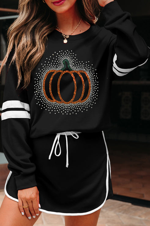 Rhinestone Pumpkin Graphic Varsity Striped Long Sleeve Top Drawstring Mini Skort Two Piece Set