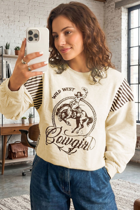 Western Print Striped Detail Long Sleeve Top
