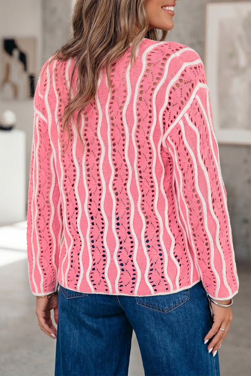 Wavy Hollow Out Knit Long Sleeve Cotton Pullover Sweater