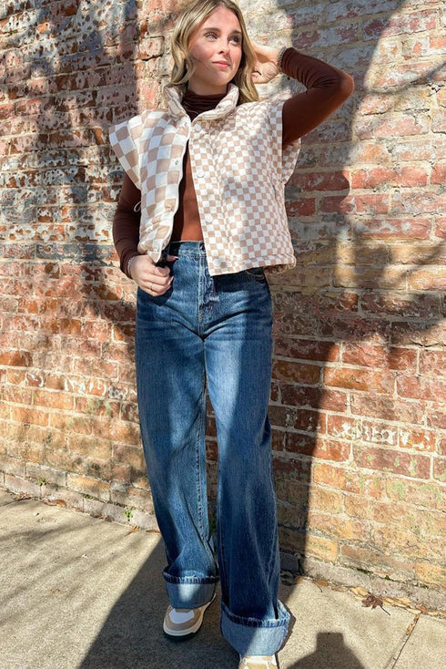 Plaid Print Quilted Button Zip Up Vest