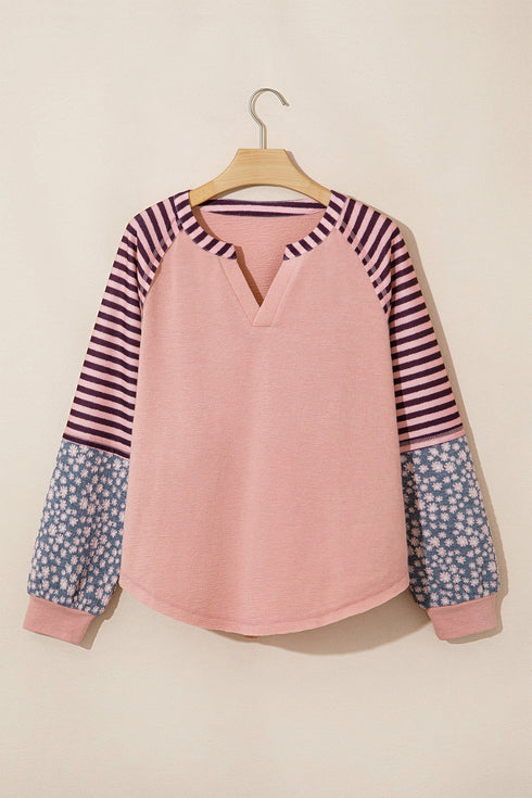 Striped Floral Patchwork V Neck Seam Long Sleeve Top