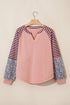 Striped Floral Patchwork V Neck Seam Long Sleeve Top