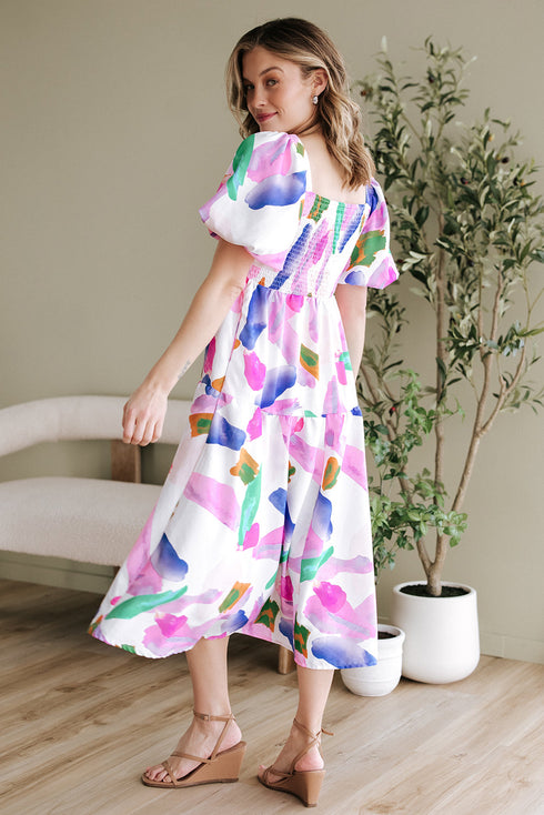 Abstract Brushstroke Square Neck Tiered Midi Dress