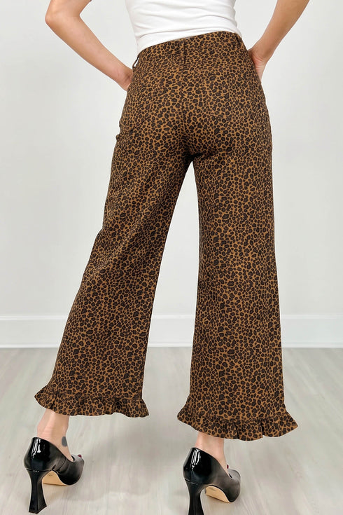 Leopard Print Ruffled Hem Modern Denim Jeans