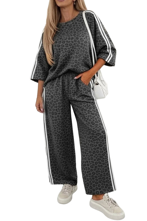 Leopard Varsity Stripe Three Quarter Sleeve Shift Pant Set