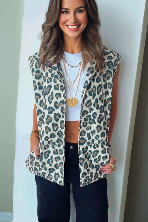 All Over Leopard Print Open Front Western Denim Vest