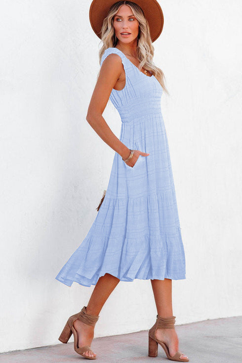 Elegant Shirred Pleated Square Neck Sleeveless Midi Dress