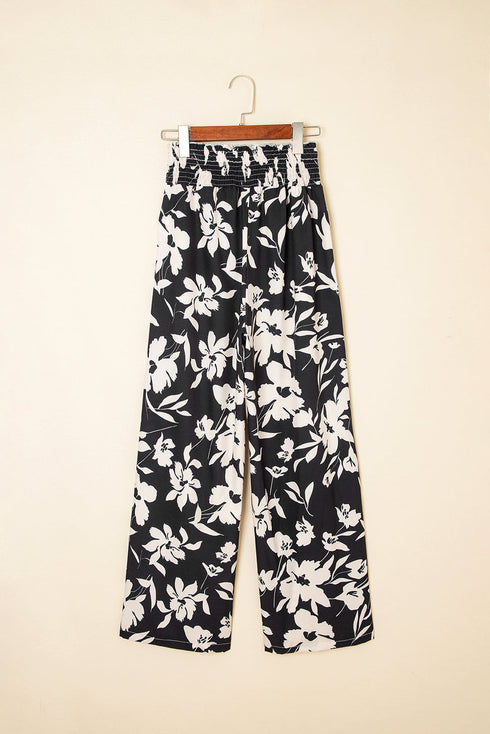 Bohemian Floral Print Smocked High Waist Wide Leg Pants