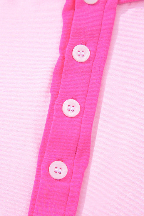 Effortless Charm Contrast Sleeve Button Detail Henley Knit Top