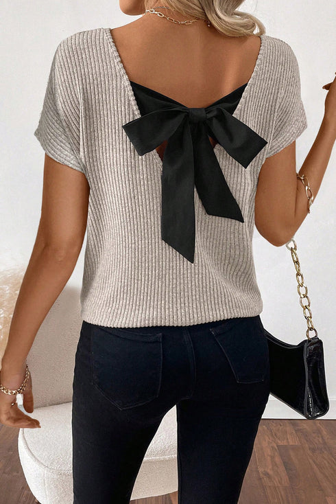 Effortless Charm Ribbed Knit Short Sleeve V Back Bow Tie Top