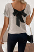 Effortless Charm Ribbed Knit Short Sleeve V Back Bow Tie Top