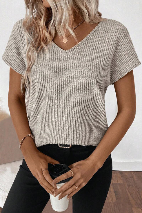 Effortless Charm Ribbed Knit Short Sleeve V Back Bow Tie Top