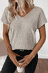 Effortless Charm Ribbed Knit Short Sleeve V Back Bow Tie Top