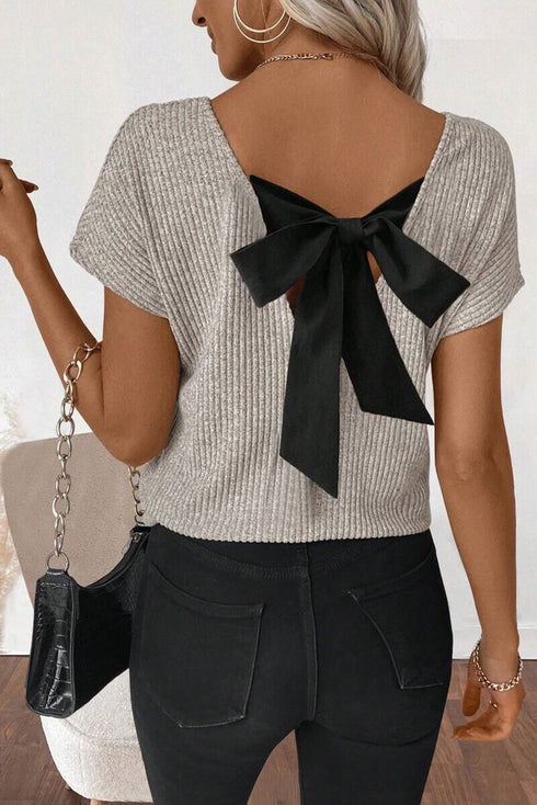 Effortless Charm Ribbed Knit Short Sleeve V Back Bow Tie Top