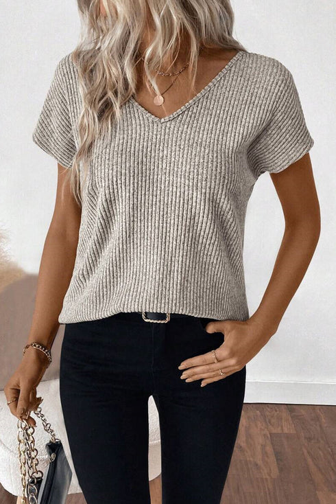Effortless Charm Ribbed Knit Short Sleeve V Back Bow Tie Top