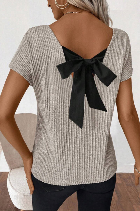 Effortless Charm Ribbed Knit Short Sleeve V Back Bow Tie Top