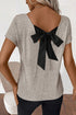 Effortless Charm Ribbed Knit Short Sleeve V Back Bow Tie Top