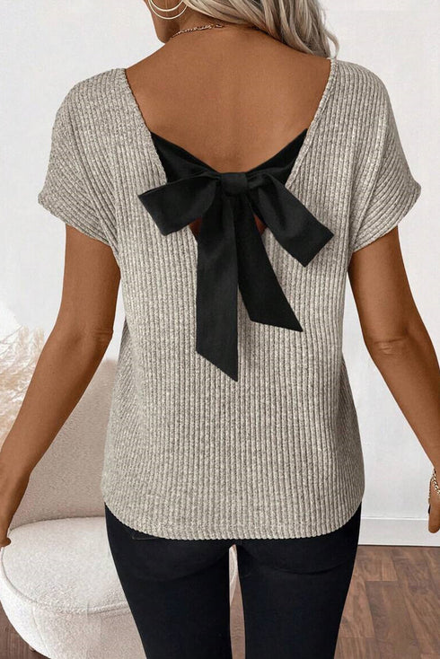 Effortless Charm Ribbed Knit Short Sleeve V Back Bow Tie Top