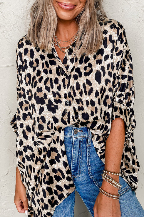 Effortless Chic Leopard Print Dolman Sleeve Button Down Blouse