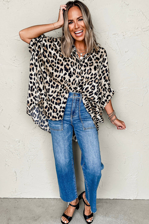 Effortless Chic Leopard Print Dolman Sleeve Button Down Blouse